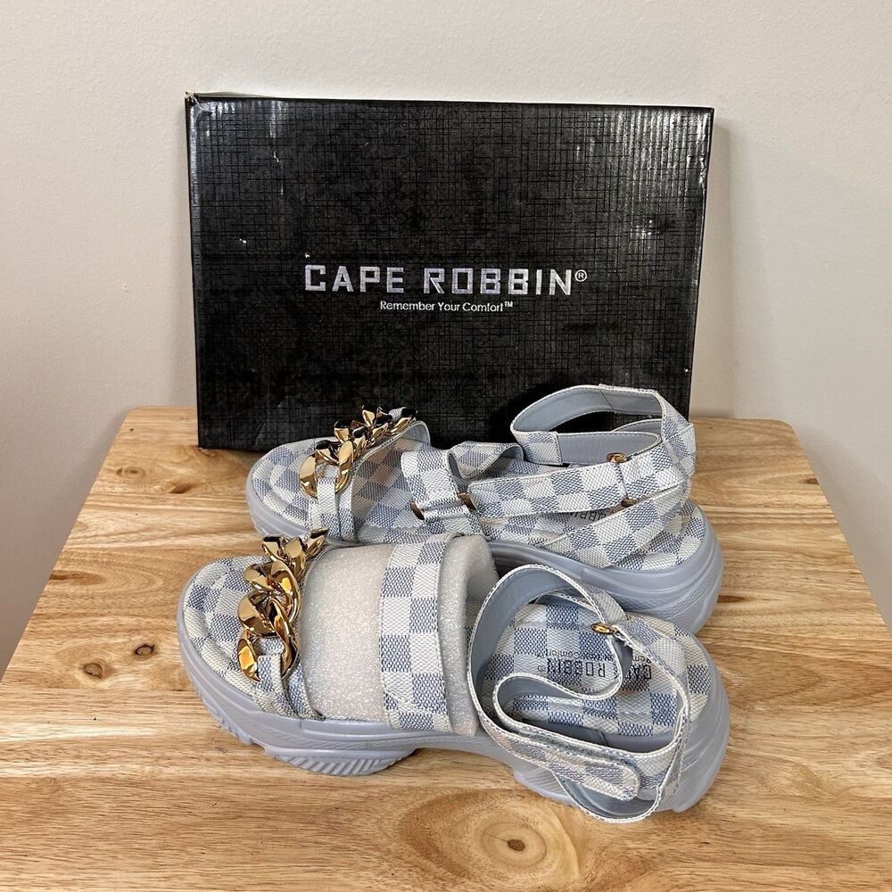 Cape Robbin Antonia Blue Check Platform Sandals Gold Chain Sz 8 NIB